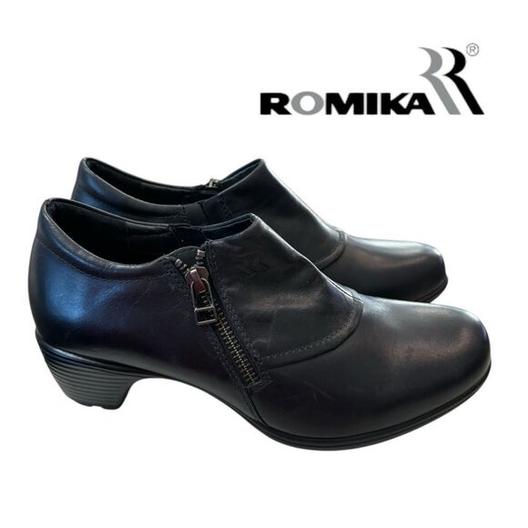 New Romika Women's Black Leather Zipper Heeled Ankle Boots Booties 37  6  6.5 - Picture 2 of 6